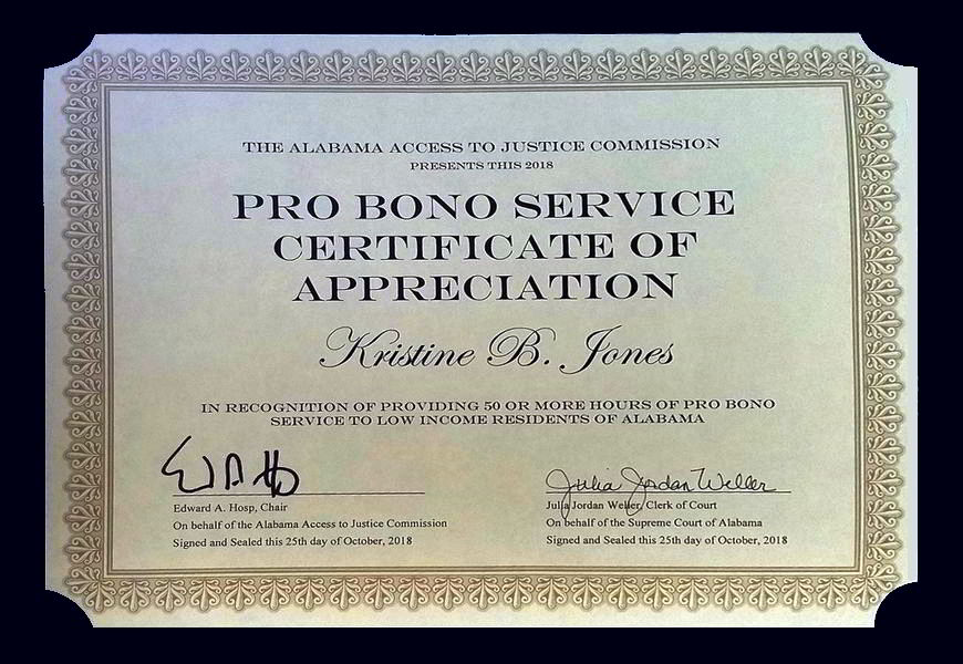 Alabama Pro Bono Service Certificate of Appreciation 2018
